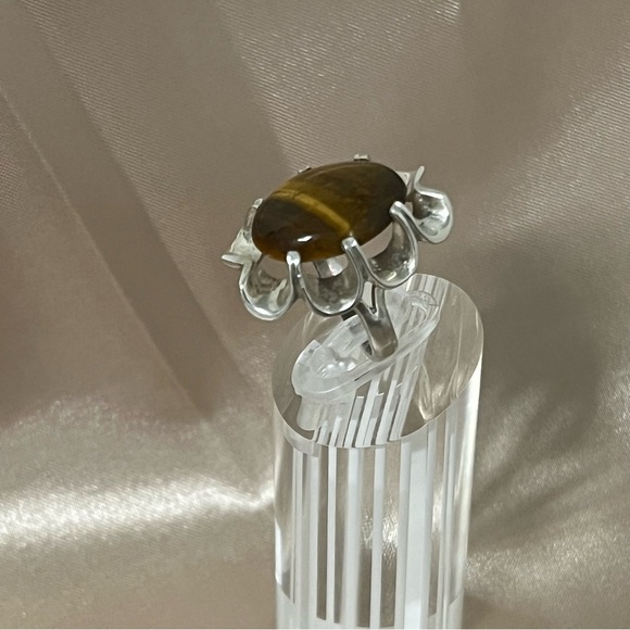 Vintage Sterling Silver Ribbon Ruffle Edge Tiger's Eye Ring 925 Size 5.5 Unique - Picture 3 of 16